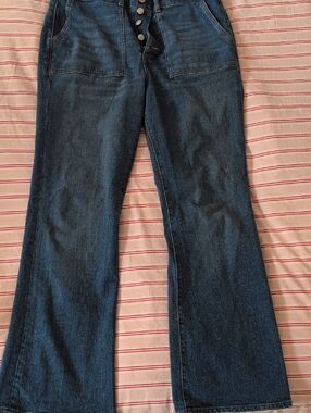 Loft The Slim Flare Button Front Jeans High Rise Patch Pockets Size 12